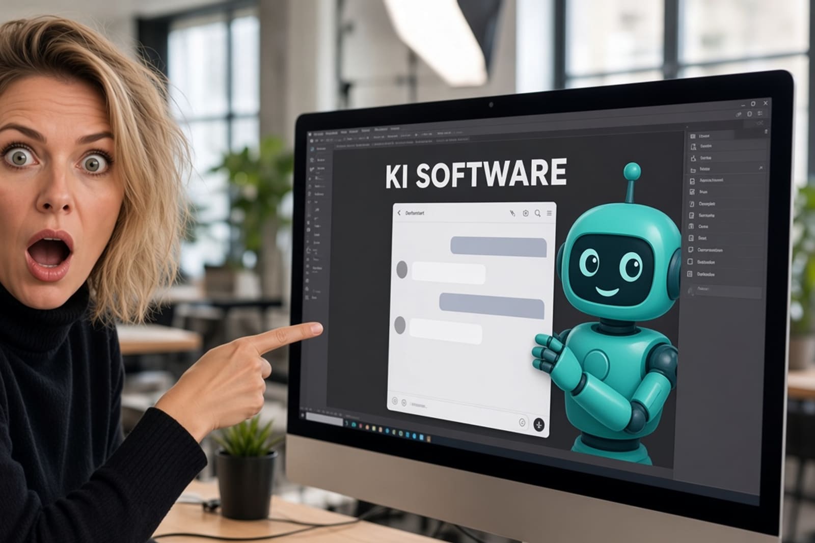 Grafikdesignerin zeigt schockiert auf einen Monitor mit dem Schriftzug KI SOFTWARE und einem freundlichen KI-Roboter, der die Design-Oberfläche verdrängt