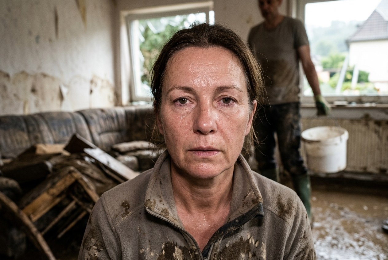Symbolbild: Eine Frau steht nach einem Hochwasser in einem schlammverschmierten Wohnzimmer und blickt erschöpft in die Kamera