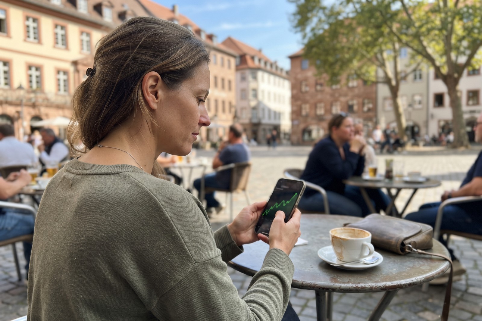 Frau prüft am Smartphone einen steigenden Chart auf einer Cafe-Terrasse - Altersvorsorgedepot 2027 ohne Verkaufsdruck