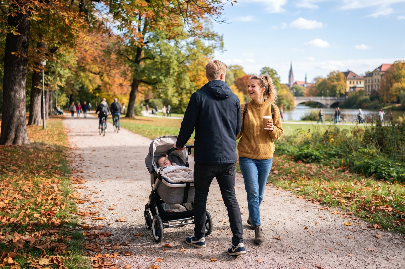 Eltern mit Kinderwagen auf einem sonnigen Herbstweg im Park - antragsloses Kindergeld 2027