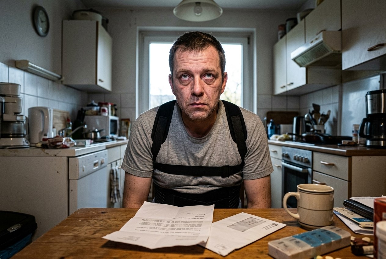 Symbolbild: Ein Mann mit Rückenstütze sitzt am Küchentisch vor einem Brief seiner Versicherung und blickt in die Kamera