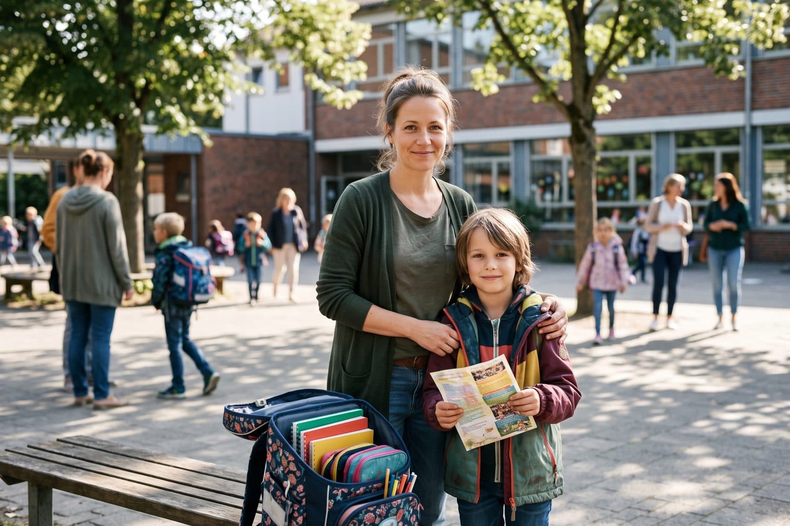 Mutter und Kind mit Schulranzen und Klassenfahrt-Flyer auf dem Schulhof blicken erleichtert in die Kamera, BuT Schulbedarf