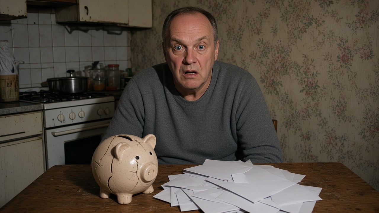 Ein Mann am Küchentisch zwischen geplatztem Sparschwein und einem Stapel Briefe
