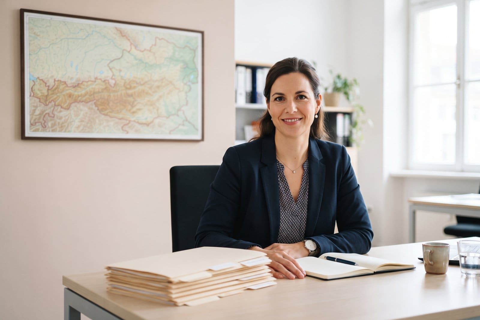 Beraterin mit Österreich-Karte und Formularen blickt in die Kamera