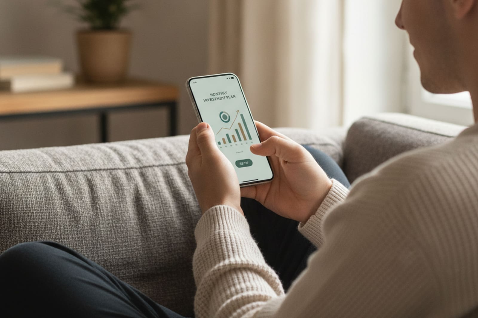 Junger Mensch richtet einen ETF-Sparplan in der Banking-App ein