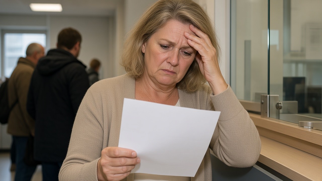 Eine Frau am Bankschalter, die Hand an der Stirn, der Kontoauszug in der anderen Hand