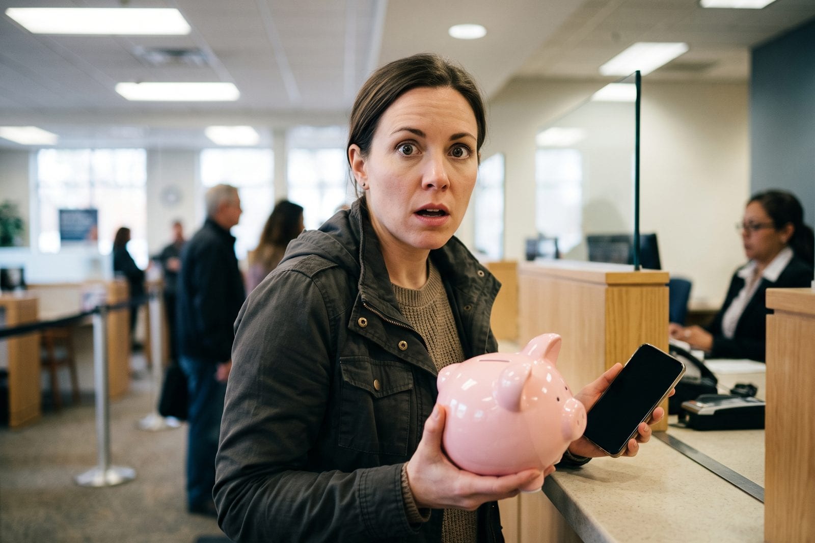 Frau mit Sparschwein und Smartphone in der Bankfiliale blickt überrascht in die Kamera, EZB und Weltspartag
