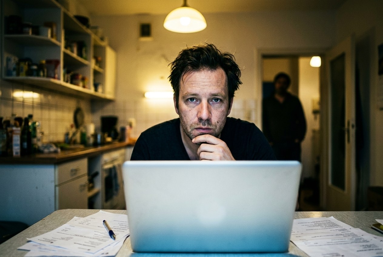 Ein Mann sitzt abends am Küchentisch hinter seinem Laptop zwischen Papieren und blickt nachdenklich in die Kamera
