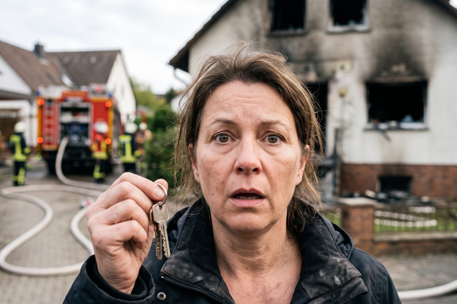 Eigentümerin mit Hausschlüsseln vor feuergeschädigtem Haus nach Brand blickt schockiert in die Kamera, Feuerversicherung und Grundpfand