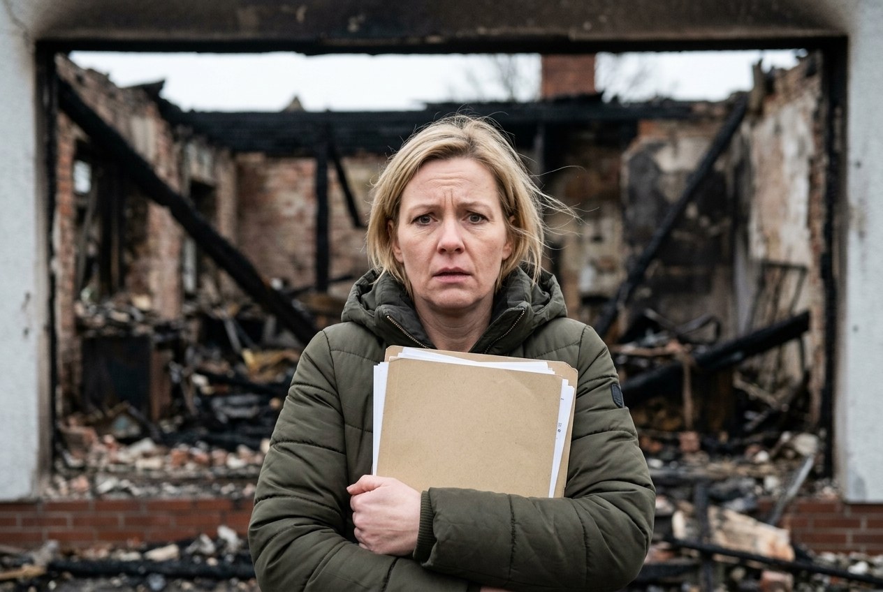 Symbolbild: Eine Frau mit einer Mappe voller Unterlagen steht im Winter vor der verkohlten Ruine eines Hauses und blickt in die Kamera