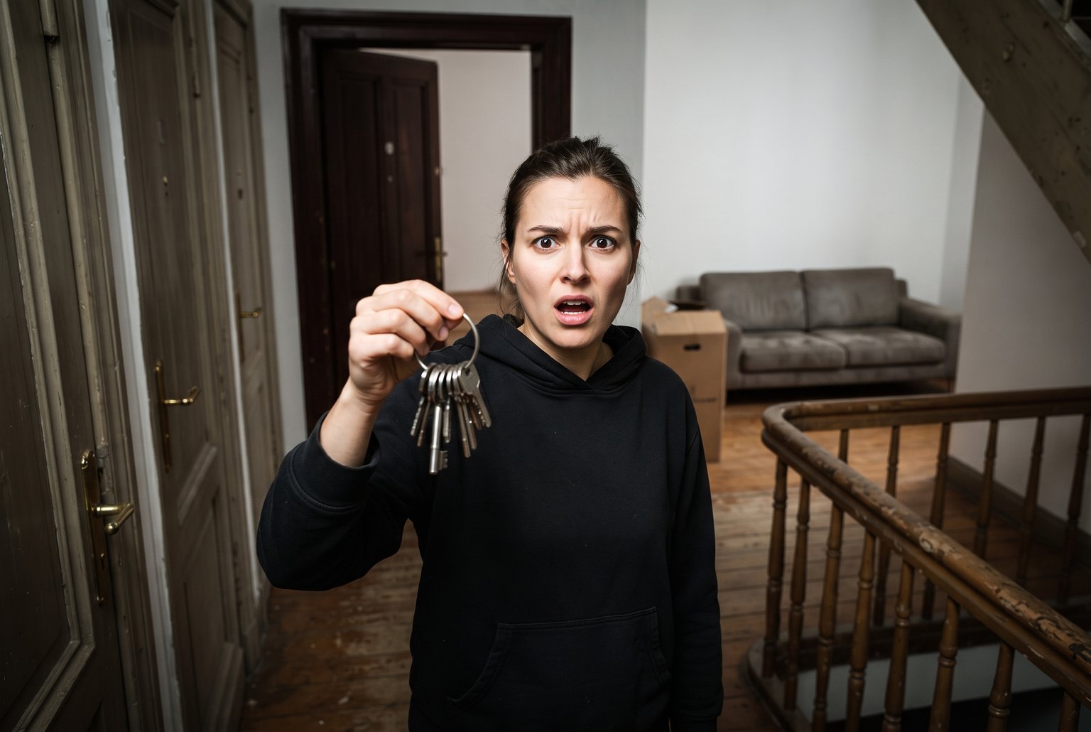 Mieterin im Altbau-Treppenhaus hält ungläubig ihren Wohnungsschlüssel in die Kamera, dahinter möblierte Wohnung mit Umzugskarton