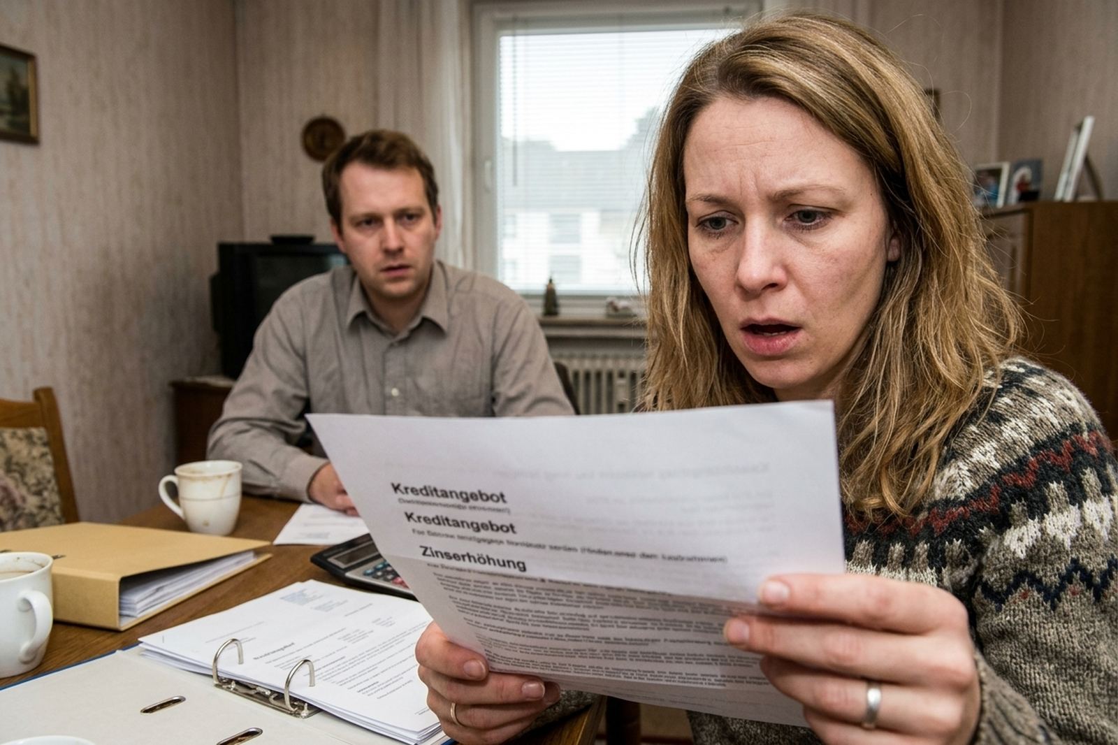 Überraschtes Paar am Küchentisch mit Finanzierungsunterlagen - KfW hebt Zinsen im Wohneigentumsprogramm 124 an