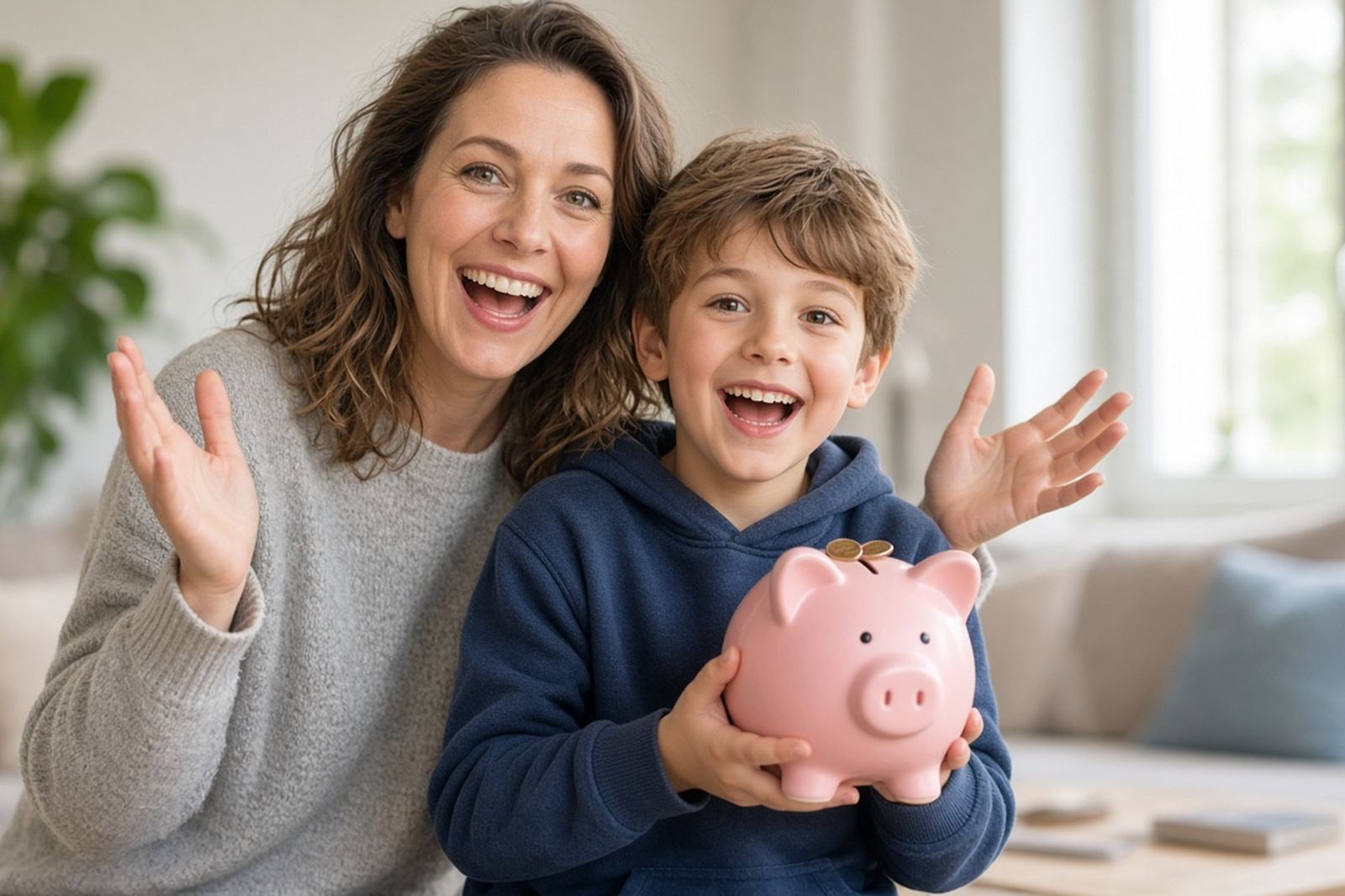 Elternteil und Kind mit Sparschwein und Münzen im hellen Wohnzimmer blicken freudig in die Kamera, Kinderzuschlag 2026