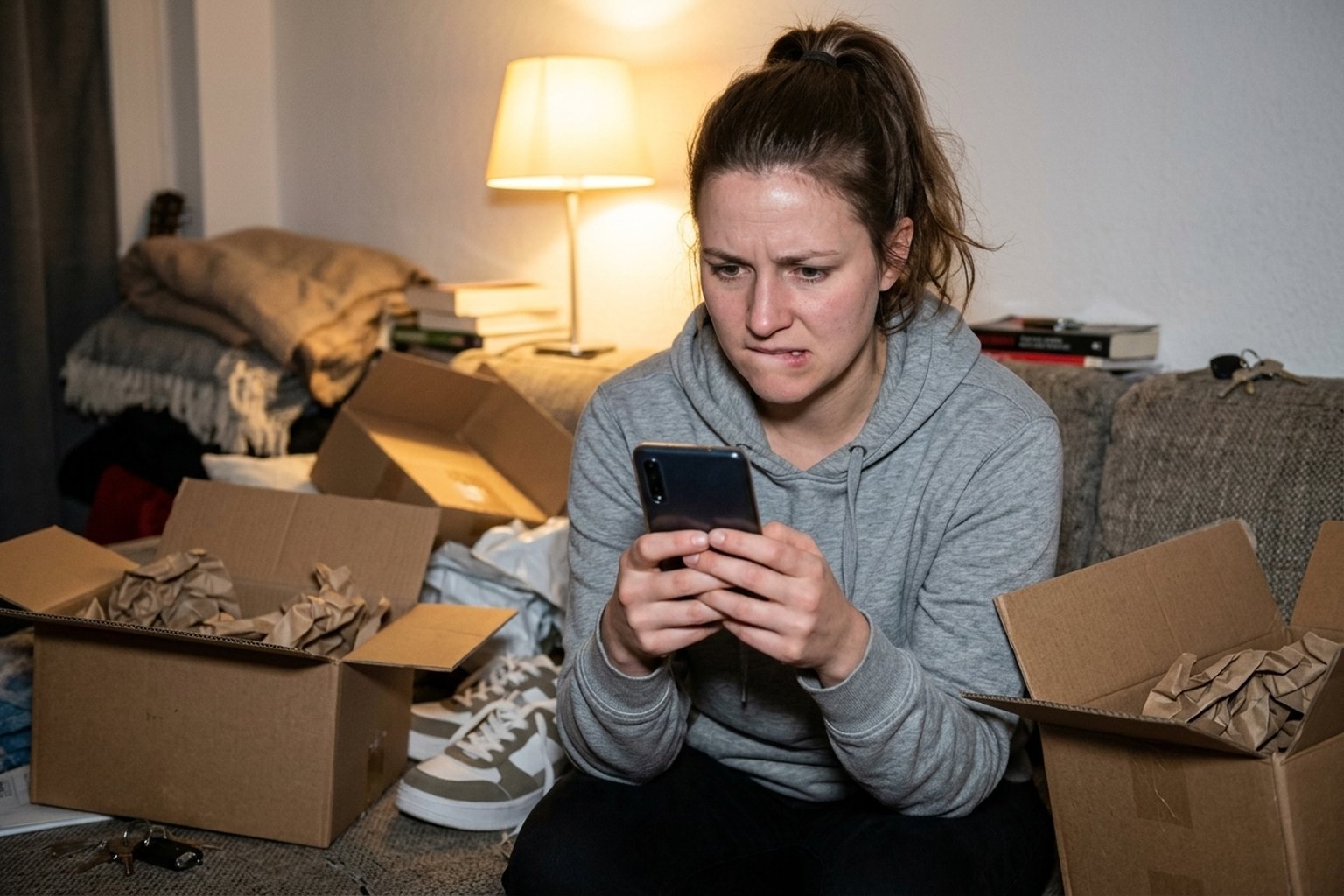 Junge Frau im grauen Hoodie sitzt zwischen offenen Paketen auf dem Sofa und schaut angespannt auf ihr Handy