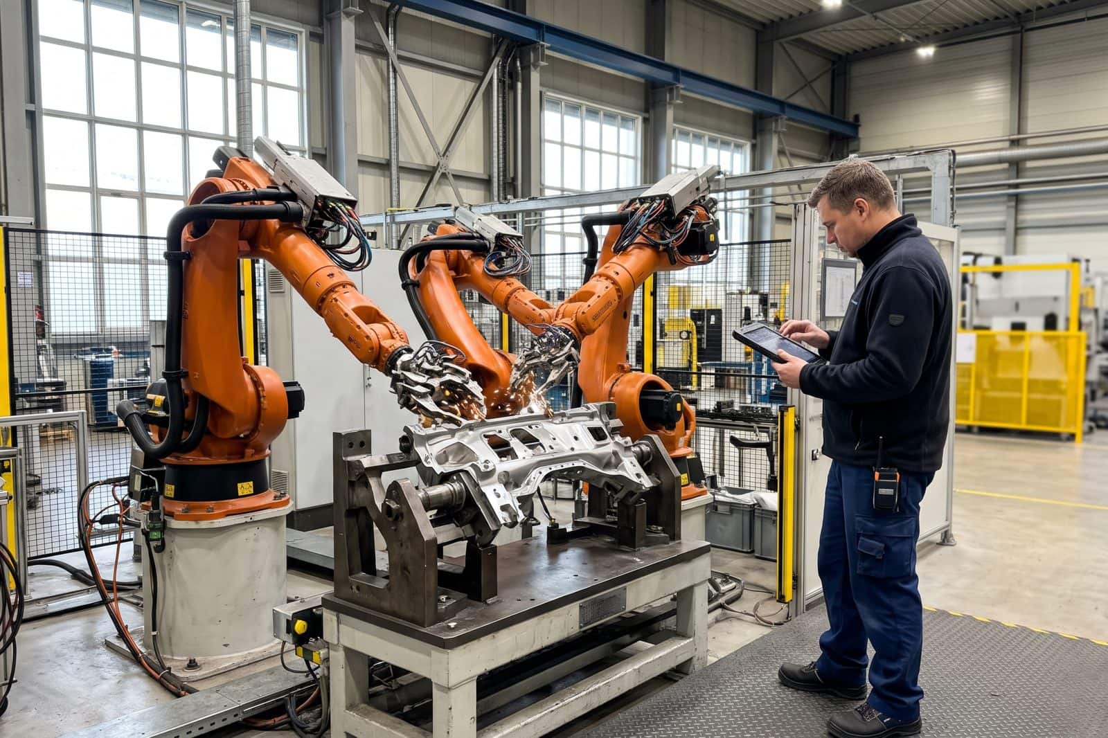 Ingenieur mit Tablet in einer Autofabrik-Halle bei Nacht, orangefarbene Roboterarme schweißen mit Funken