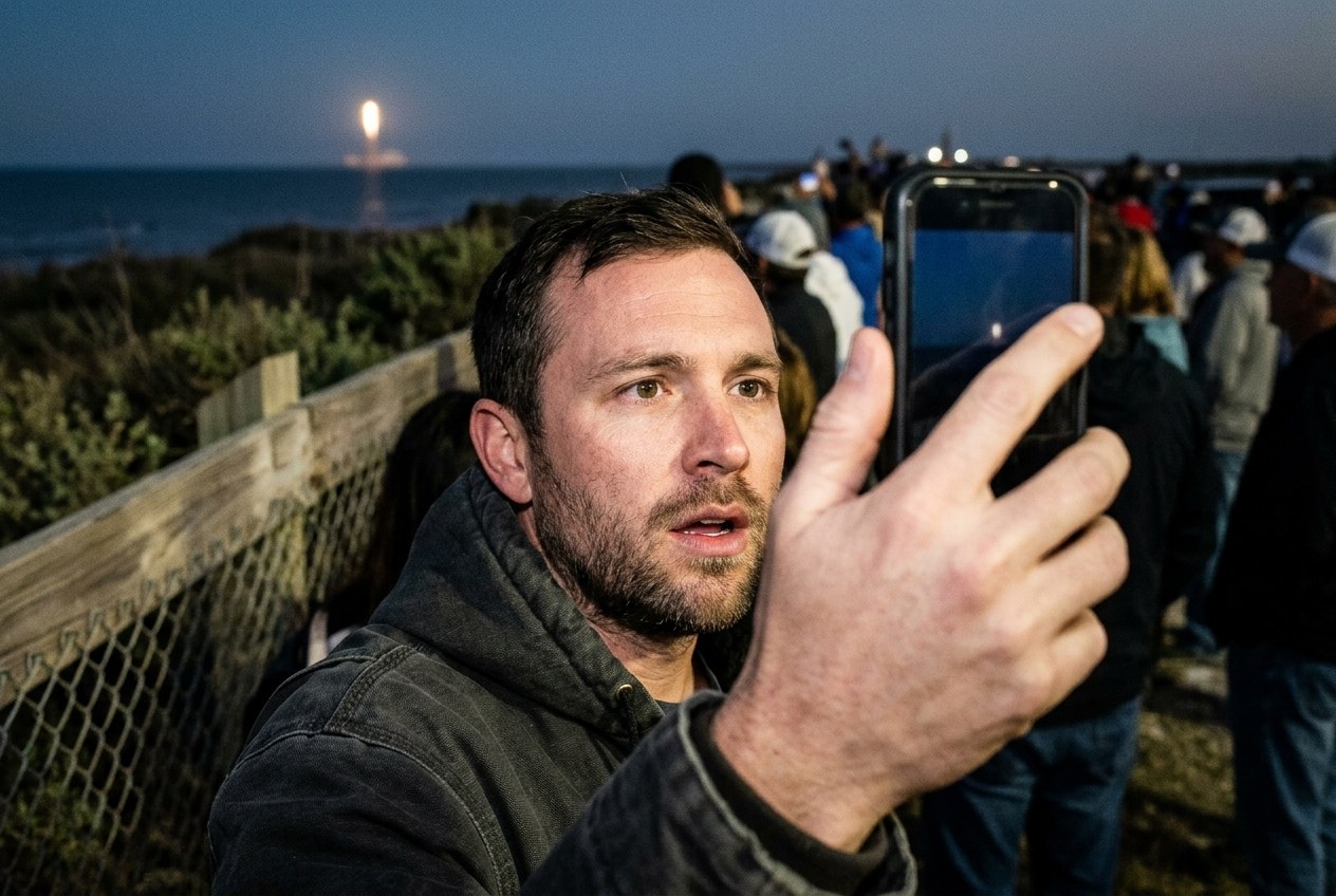 Ein Mann filmt in der Dämmerung an der Küste mit seinem Smartphone einen Raketenstart, hinter ihm weitere Zuschauer