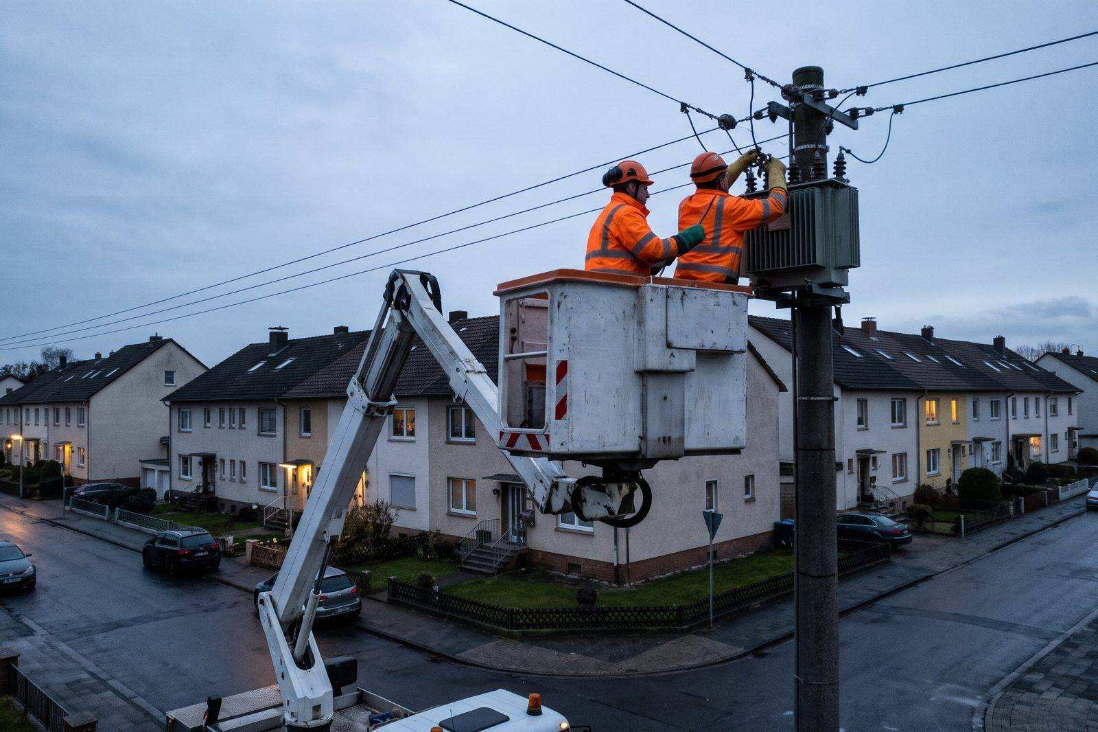 Stromnetz-Monteure im Hubarbeitskorb an einem Trafo in einer Wohnstraße bei Dämmerung, Netzentgelte Strom und Gas