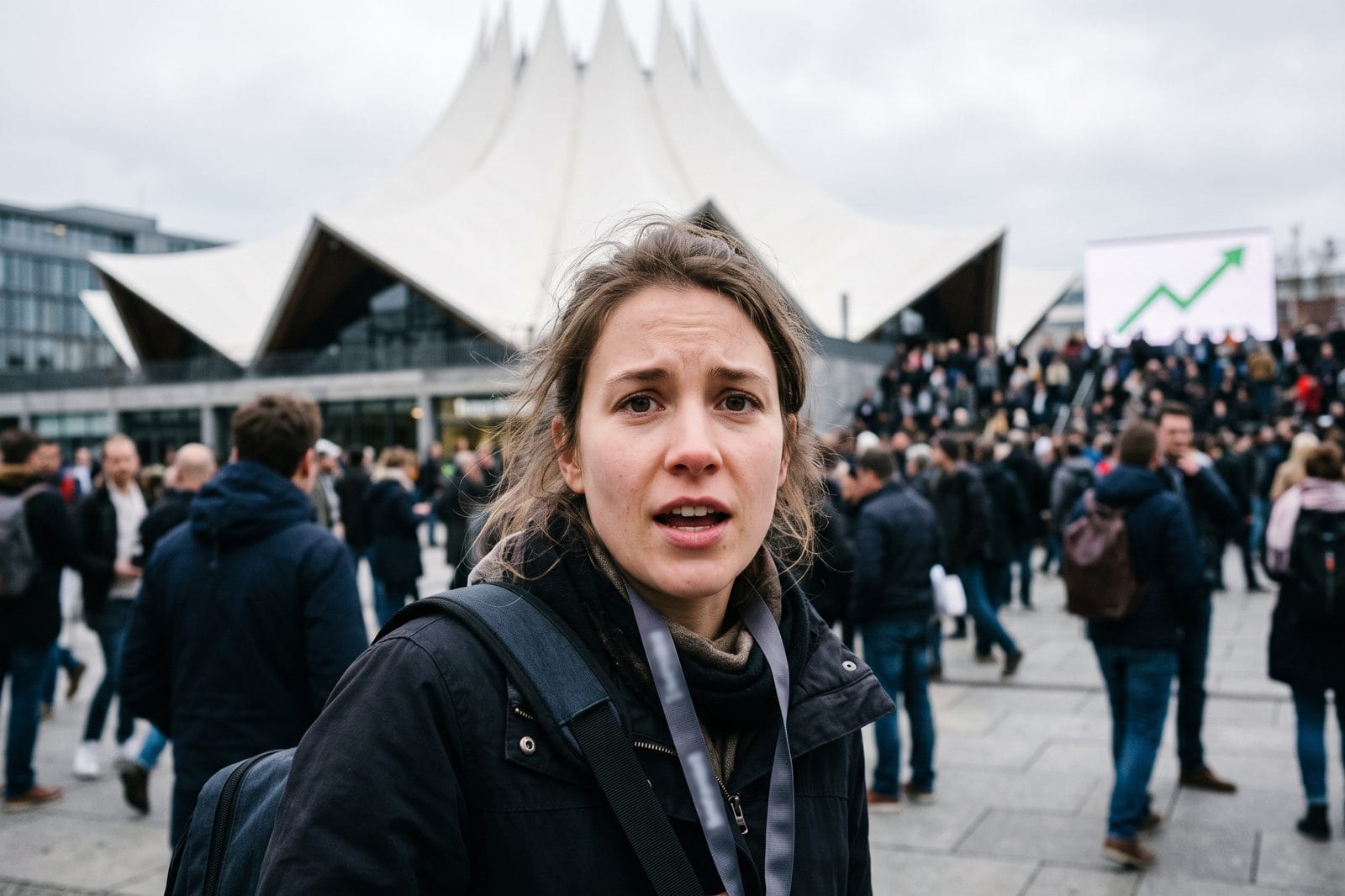 Reporterin mit Presseausweis vor dem Tempodrom in Berlin blickt gespannt in die Kamera, Nvidia GTC Berlin