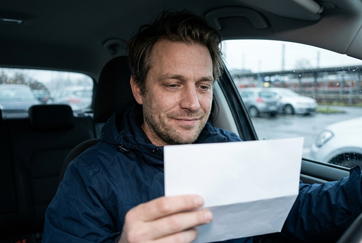 Pendler sitzt im Auto auf dem Parkplatz, hält einen leeren Brief und lächelt erleichtert