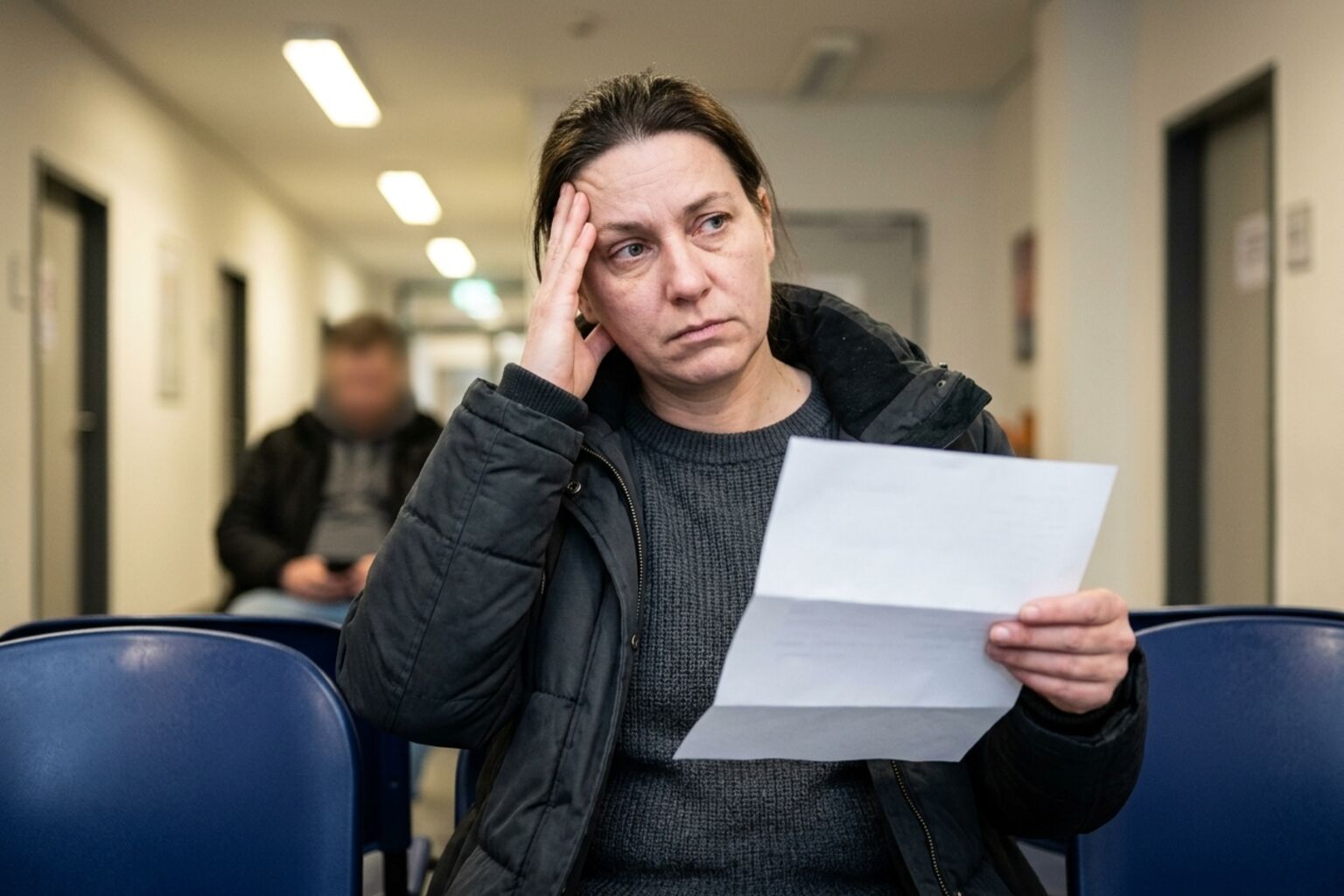 Frau sitzt im Wartebereich einer Behörde, hält einen leeren Brief und fasst sich erschöpft an die Schläfe