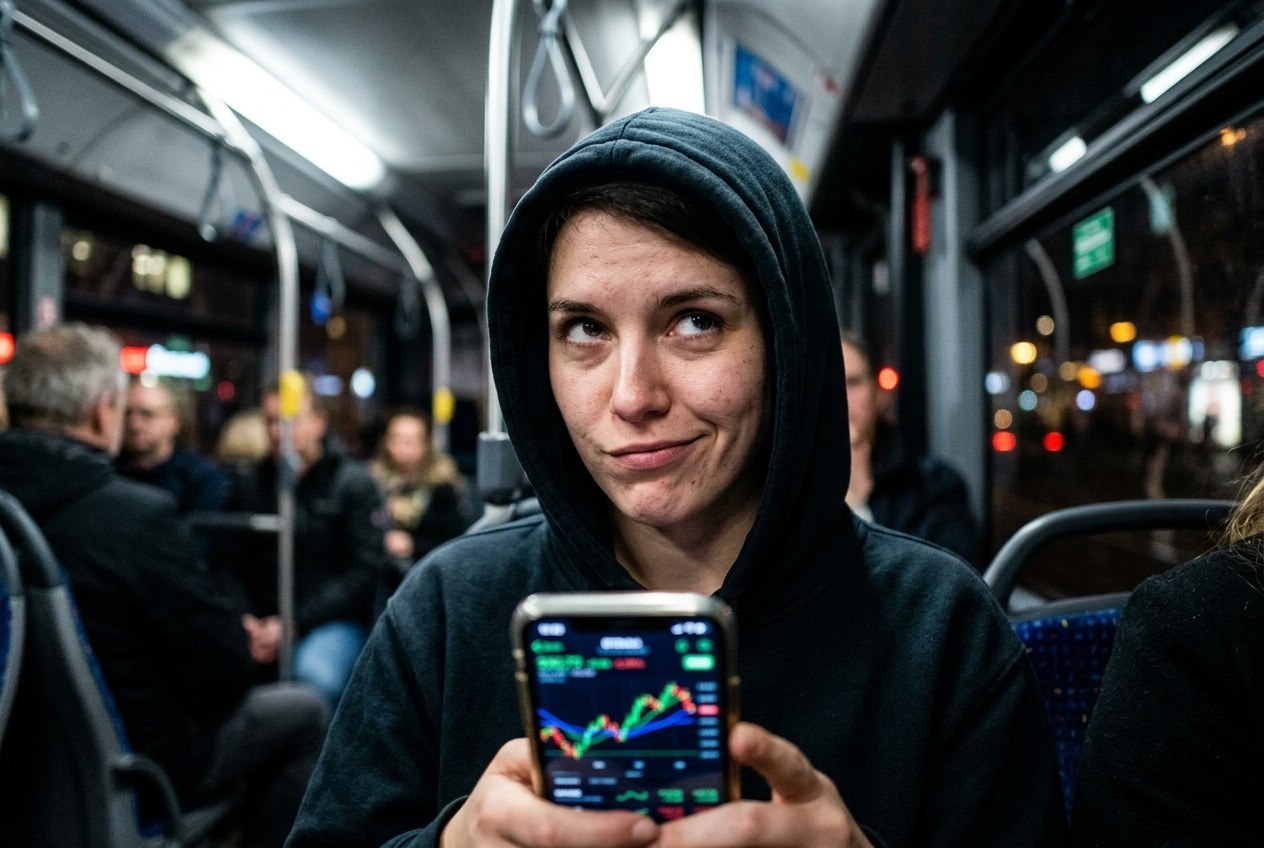 Eine junge Frau mit Kapuze sitzt nachts im Bus, hält ein Smartphone mit Kurscharts und schaut skeptisch zur Seite
