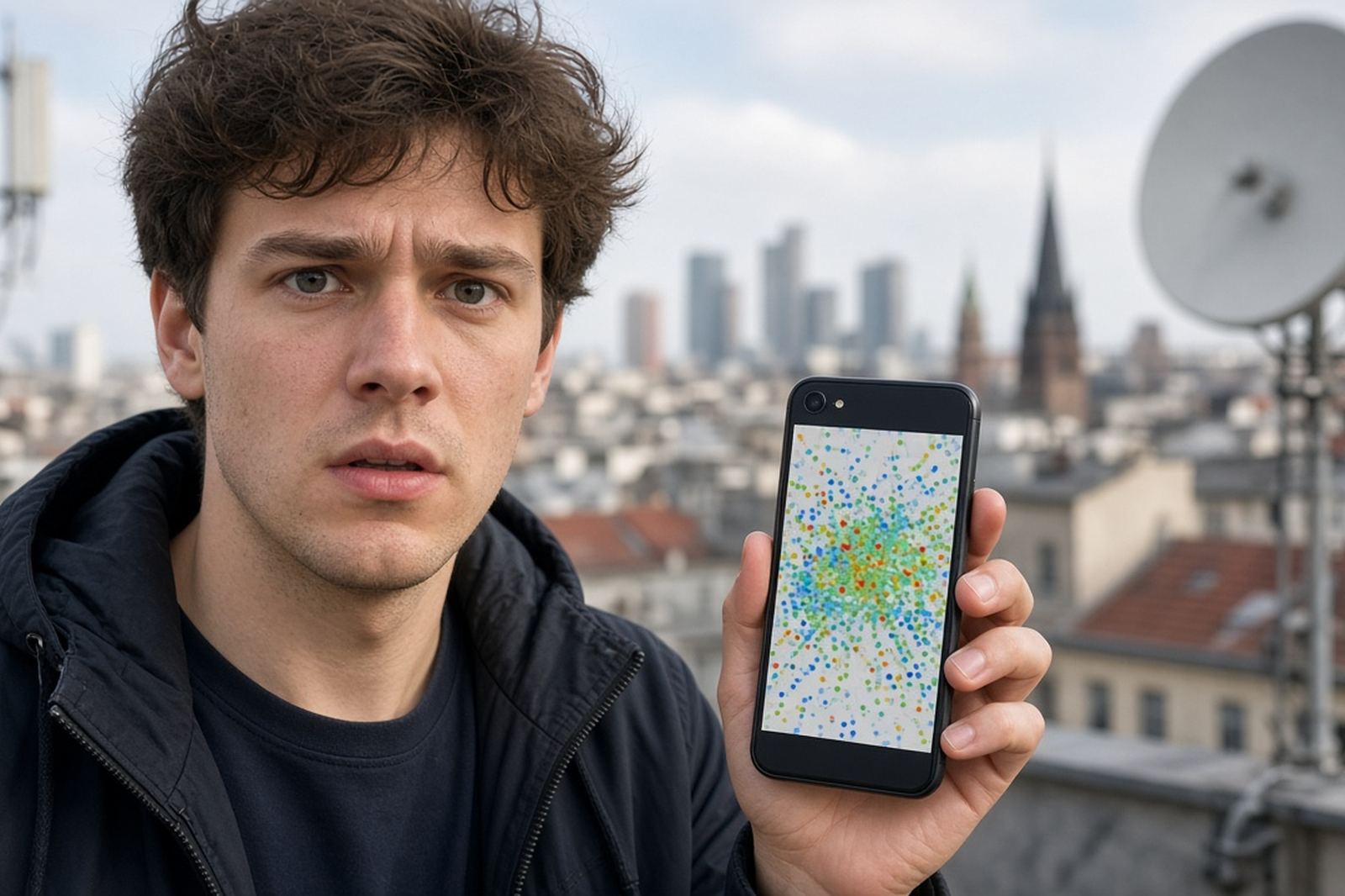 Mann auf einem Dach hält schockiert ein Smartphone mit Abdeckungsanzeige und blickt ungläubig in die Kamera, Mobilfunkspektrum und Starlink