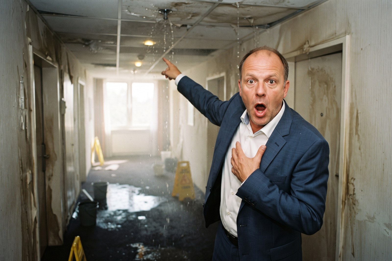 Schockierter Hotelmanager im überfluteten Hotelkorridor nach Wasserschaden durch die Brandschutzanlage, Wasser von der Decke
