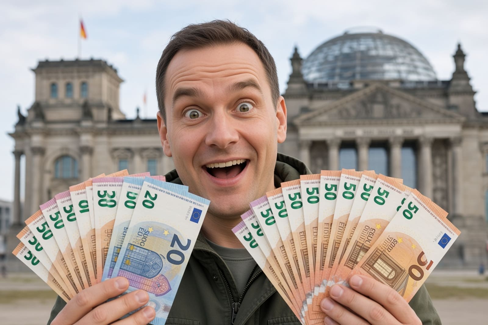 Mann mit gefächerten Euro-Scheinen vor der Reichstagskuppel blickt überrascht freudig in die Kamera, Steuerreform 2027 im Bundestag