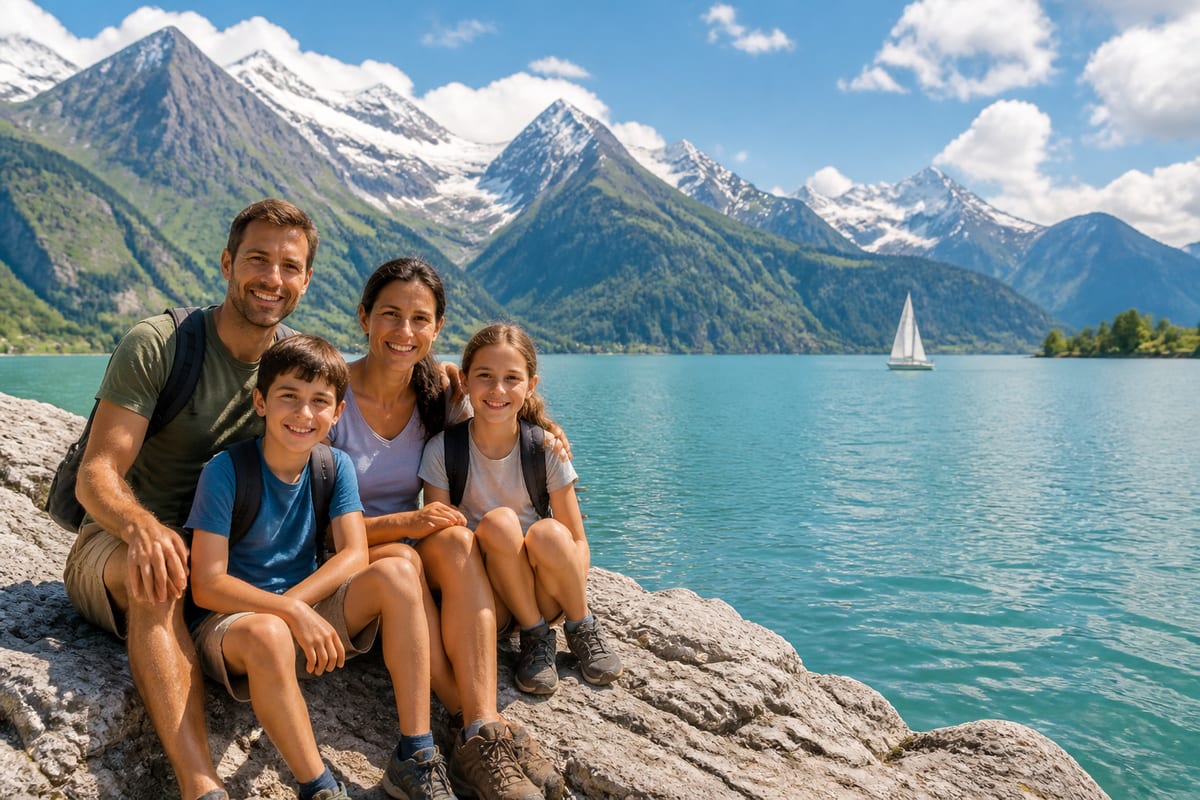 Familie am Ufer des Bodensees mit Blick auf die Alpen