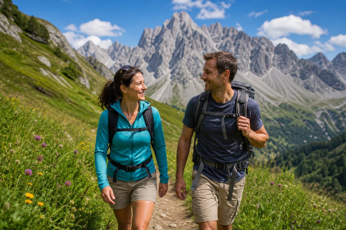 Paar wandert in Bayern bei strahlendem Sonnenschein