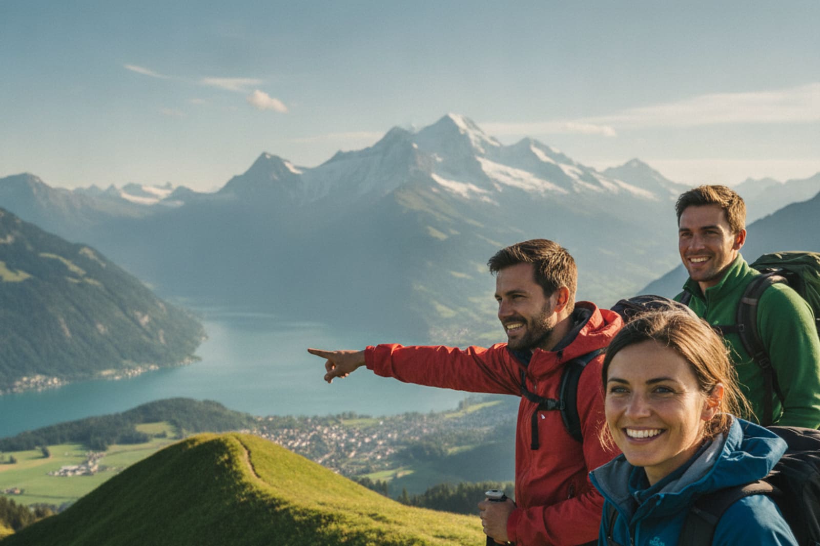 Wanderer mit Blick auf Eiger, Mönch und Jungfrau