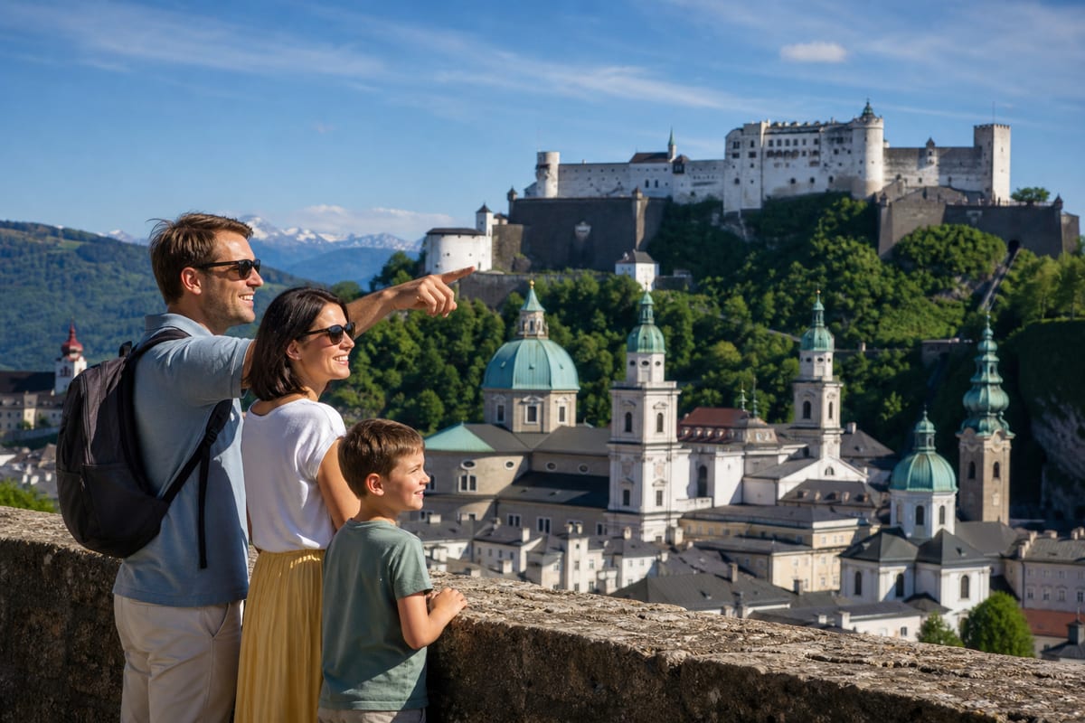 Touristen genießen die Aussicht auf die Salzburger Altstadt