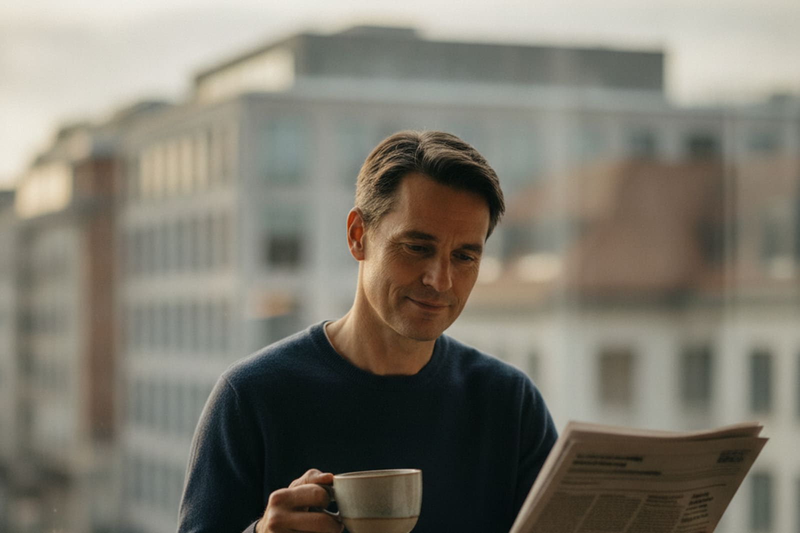 Person liest eine Finanzzeitung mit Kaffee am Fenster – Finanznachrichten und Märkte